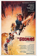 The Goonies movie poster wall art print depicts a chain of kids hanging in a stalactite cave above a treasure map.