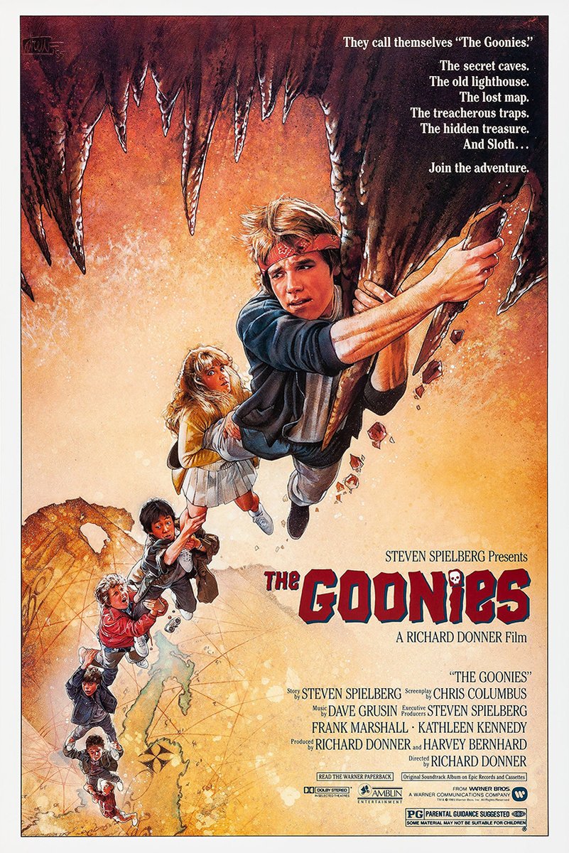 The Goonies movie poster wall art print depicts a chain of kids hanging in a stalactite cave above a treasure map.