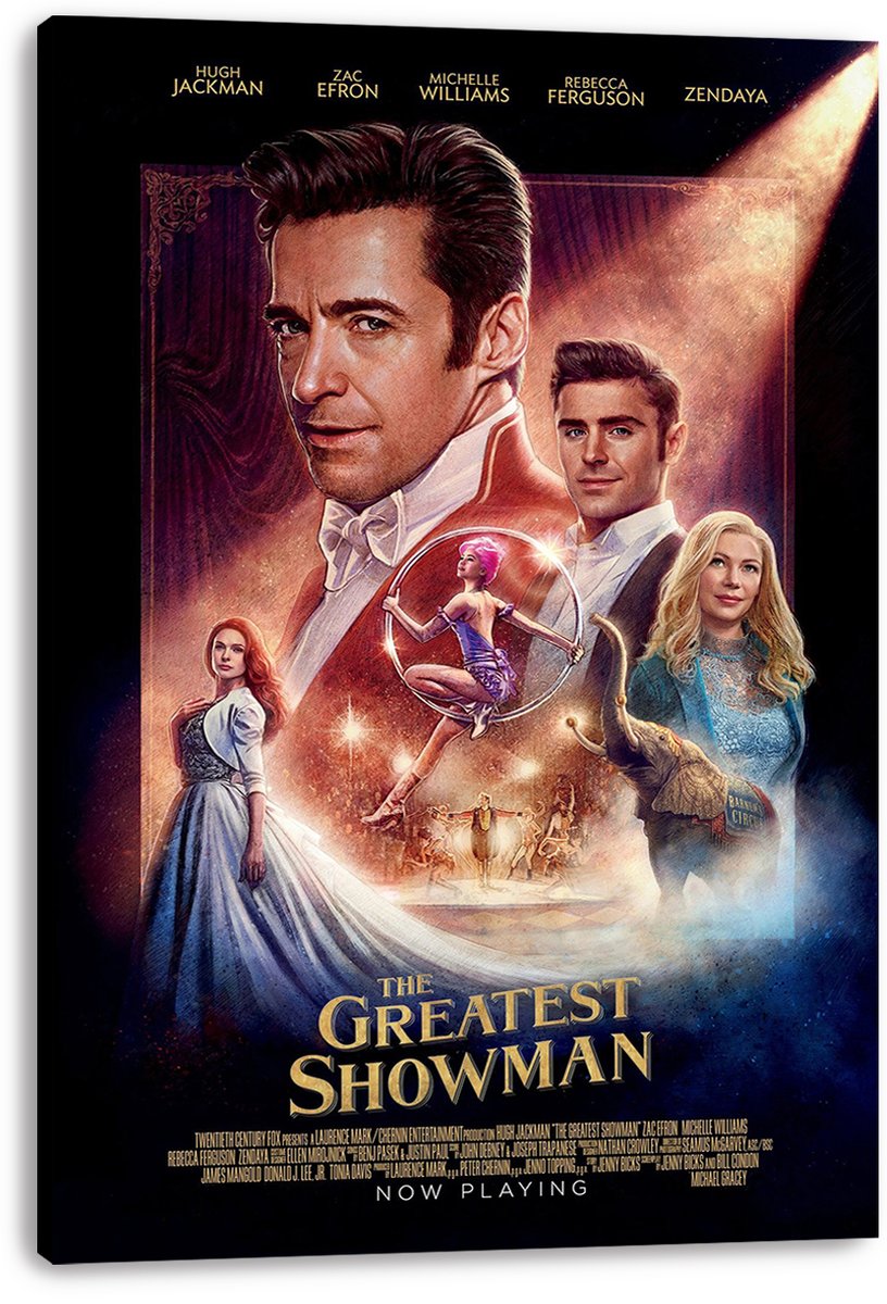 The Greatest Showman canvas wall art print displays cast portraits, a hoop acrobat, elephant, and glowing circus scene on a black-edged canvas.