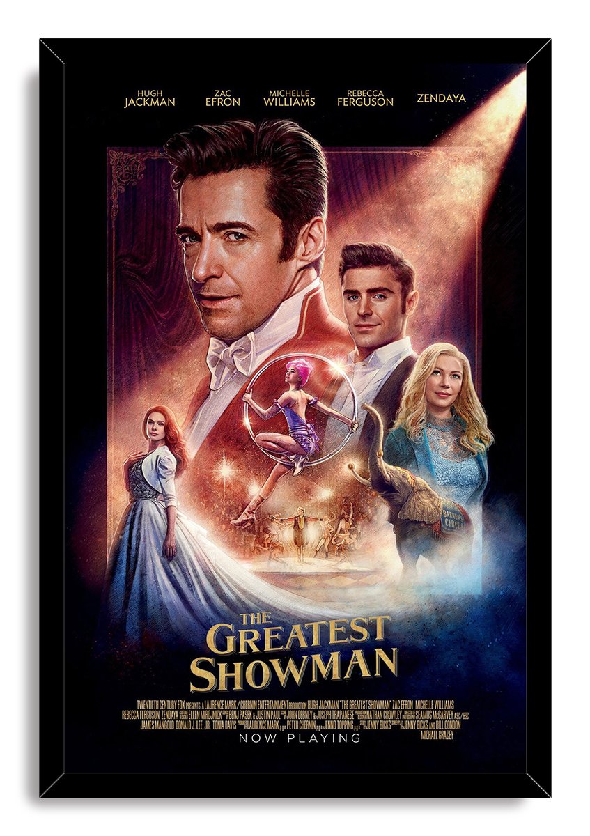 The Greatest Showman framed wall art print presents cast portraits, a hoop acrobat and elephant in a luminous circus montage with gold lettering.