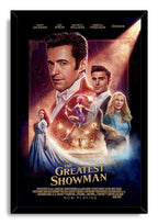 The Greatest Showman framed wall art print presents cast portraits, a hoop acrobat and elephant in a luminous circus montage with gold lettering.
