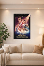 The Greatest Showman Movie Poster in a bright living room above a beige sofa.