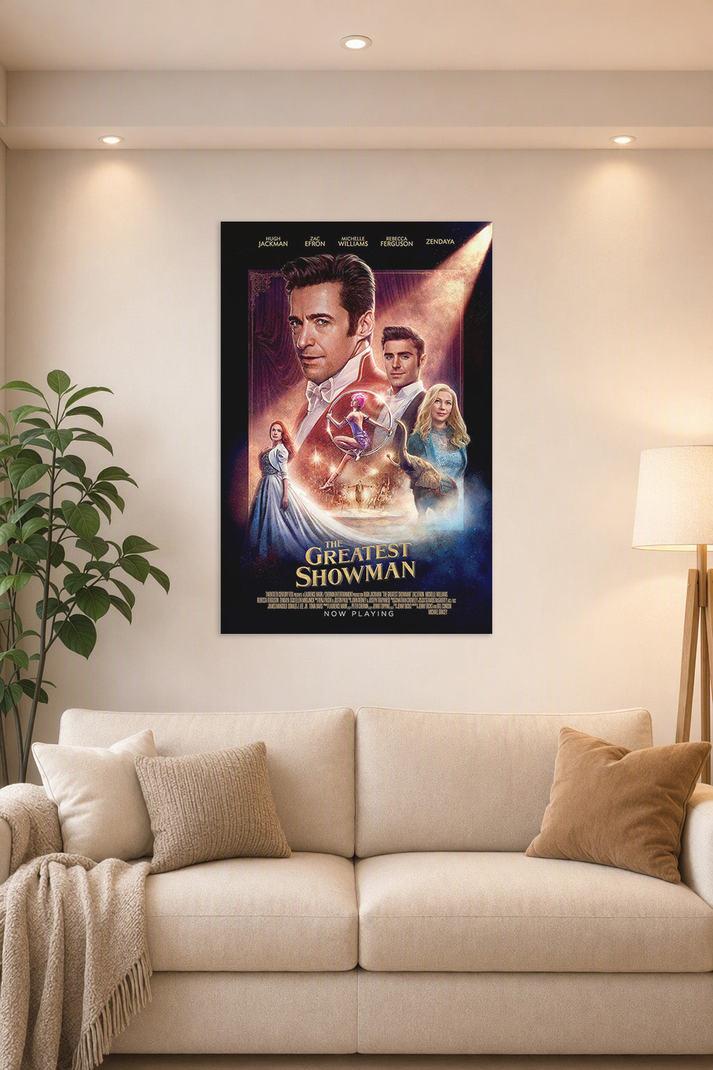 The Greatest Showman Movie Poster in a bright living room above a beige sofa.