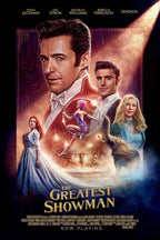 The Greatest Showman poster features cast portraits, a pink-haired hoop acrobat, elephant, circus performers, and gold title text.