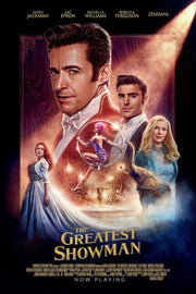 The Greatest Showman poster features cast portraits, a pink-haired hoop acrobat, elephant, circus performers, and gold title text.