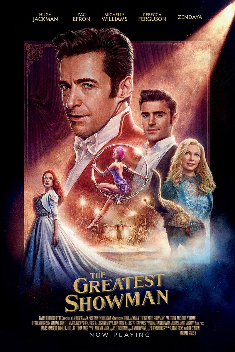 The Greatest Showman poster features cast portraits, a pink-haired hoop acrobat, elephant, circus performers, and gold title text.