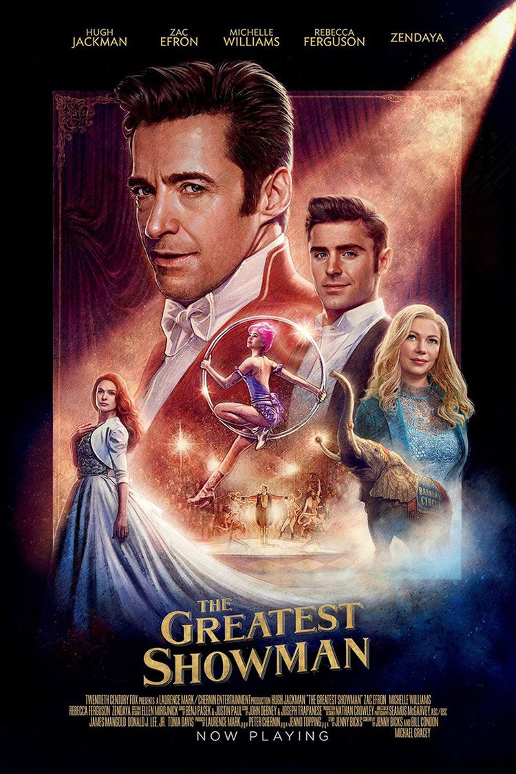The Greatest Showman poster features cast portraits, a pink-haired hoop acrobat, elephant, circus performers, and gold title text.