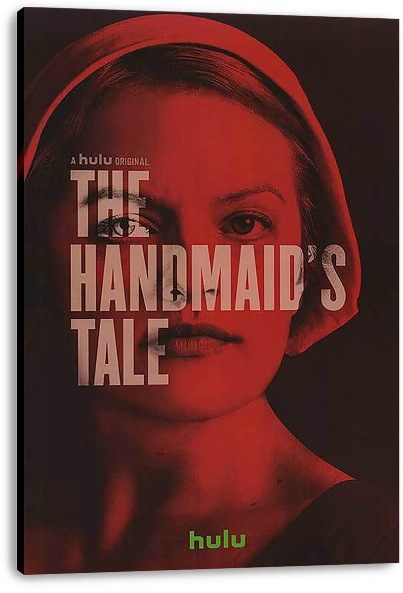 The Handmaid's Tale wall art print on canvas displays a red-toned woman's portrait, red bonnet, white title lettering, and green Hulu logo.