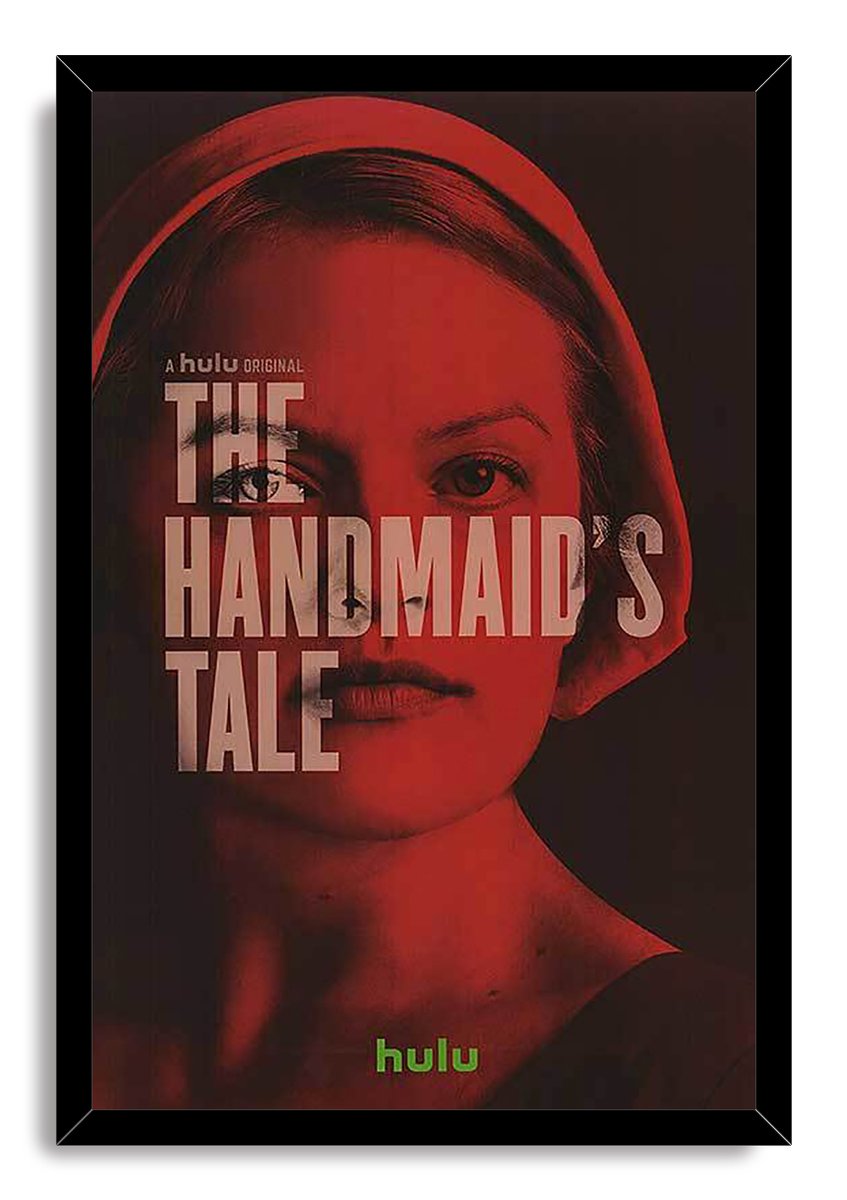 The Handmaid's Tale framed wall art print presents a red-and-black portrait of a bonneted woman behind large white title text.