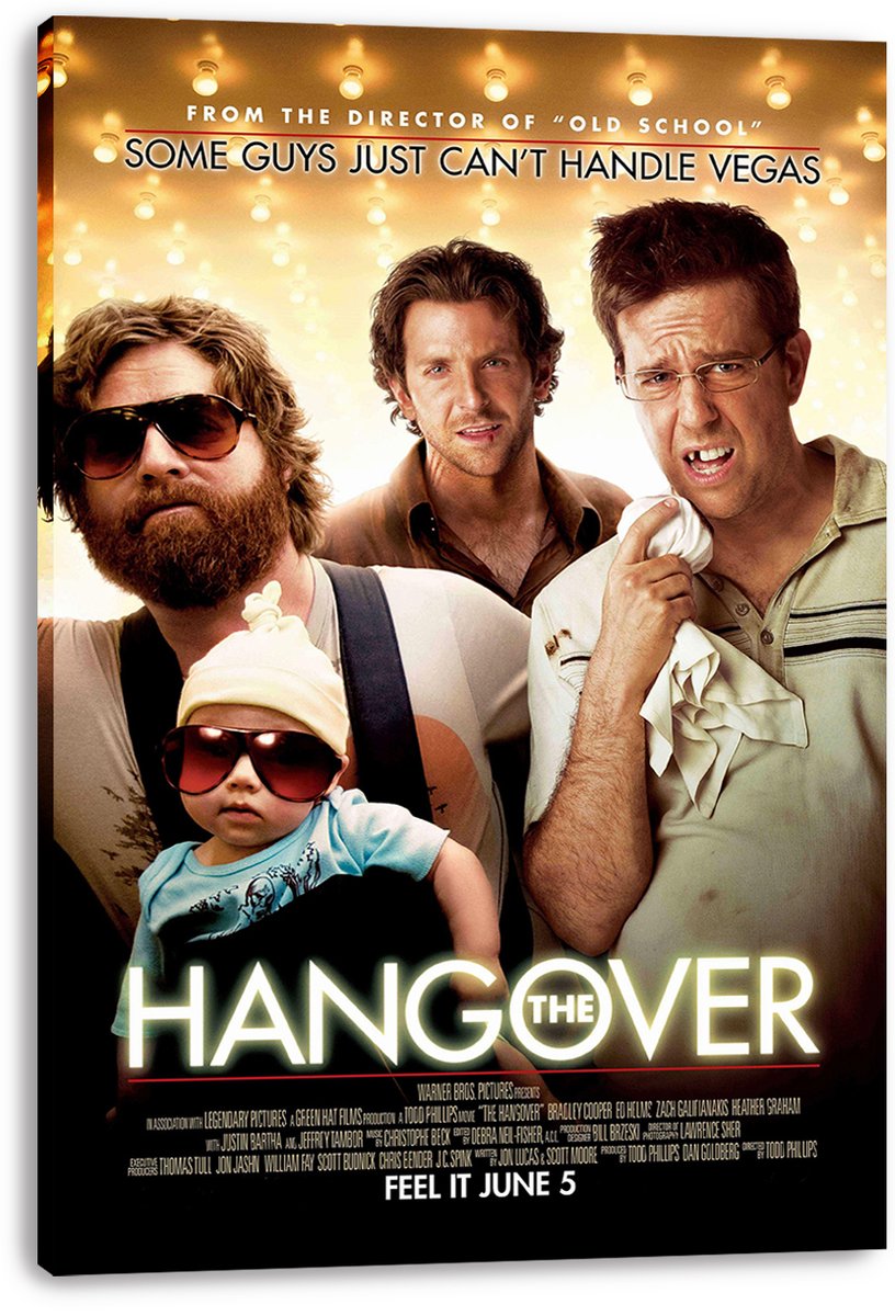 The Hangover canvas wall art print displays three men and a sunglass-wearing baby against a warm bulb-lit background.
