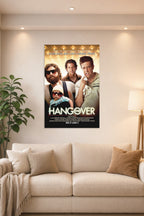 The Hangover Movie Characters in a bright living room above a beige sofa.
