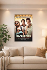 The Hangover Movie Characters in a bright living room above a beige sofa.