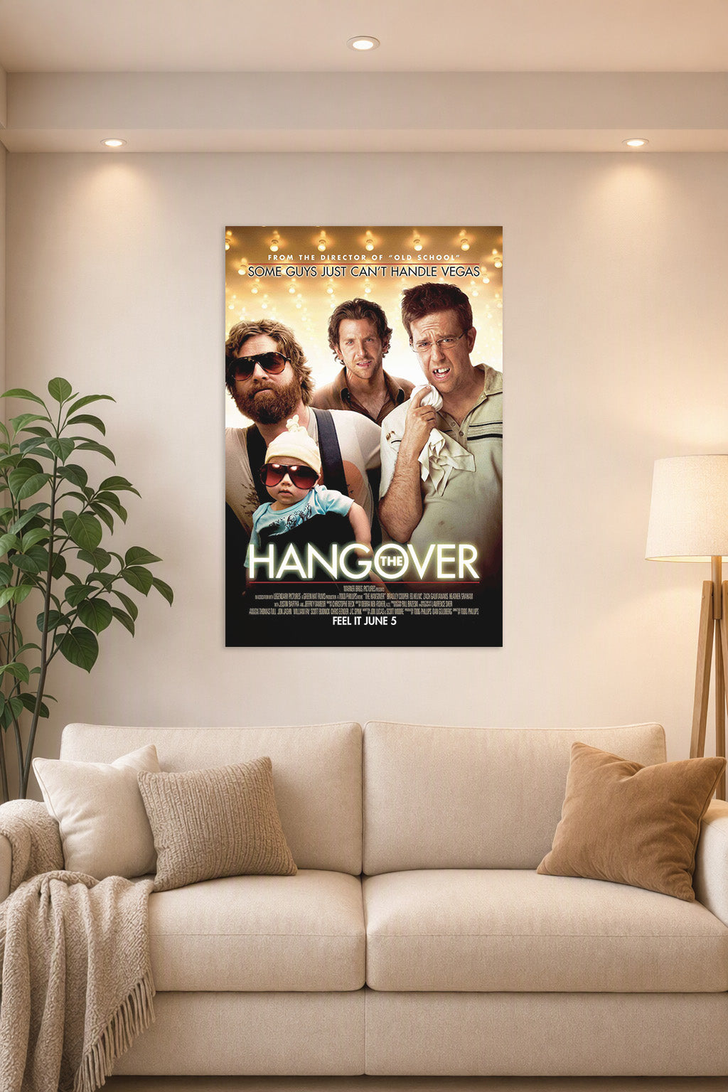 The Hangover Movie Characters in a bright living room above a beige sofa.