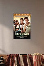 The Hangover Movie Characters in a cozy movie room above a brown sofa with popcorn.