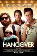 The Hangover poster features three men and a baby in sunglasses beneath glowing Vegas-style bulbs and bold title text.