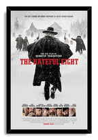 The Hateful Eight framed wall art print depicts a gunslinger advancing through snow toward a cabin, surrounded by armed figures and bold red text.