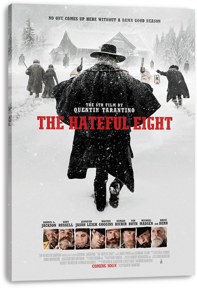 The Hateful Eight canvas wall art print displays a snowy Western scene with a cloaked gunman, distant figures, cabin, bold red title, and visible wrapped edges.