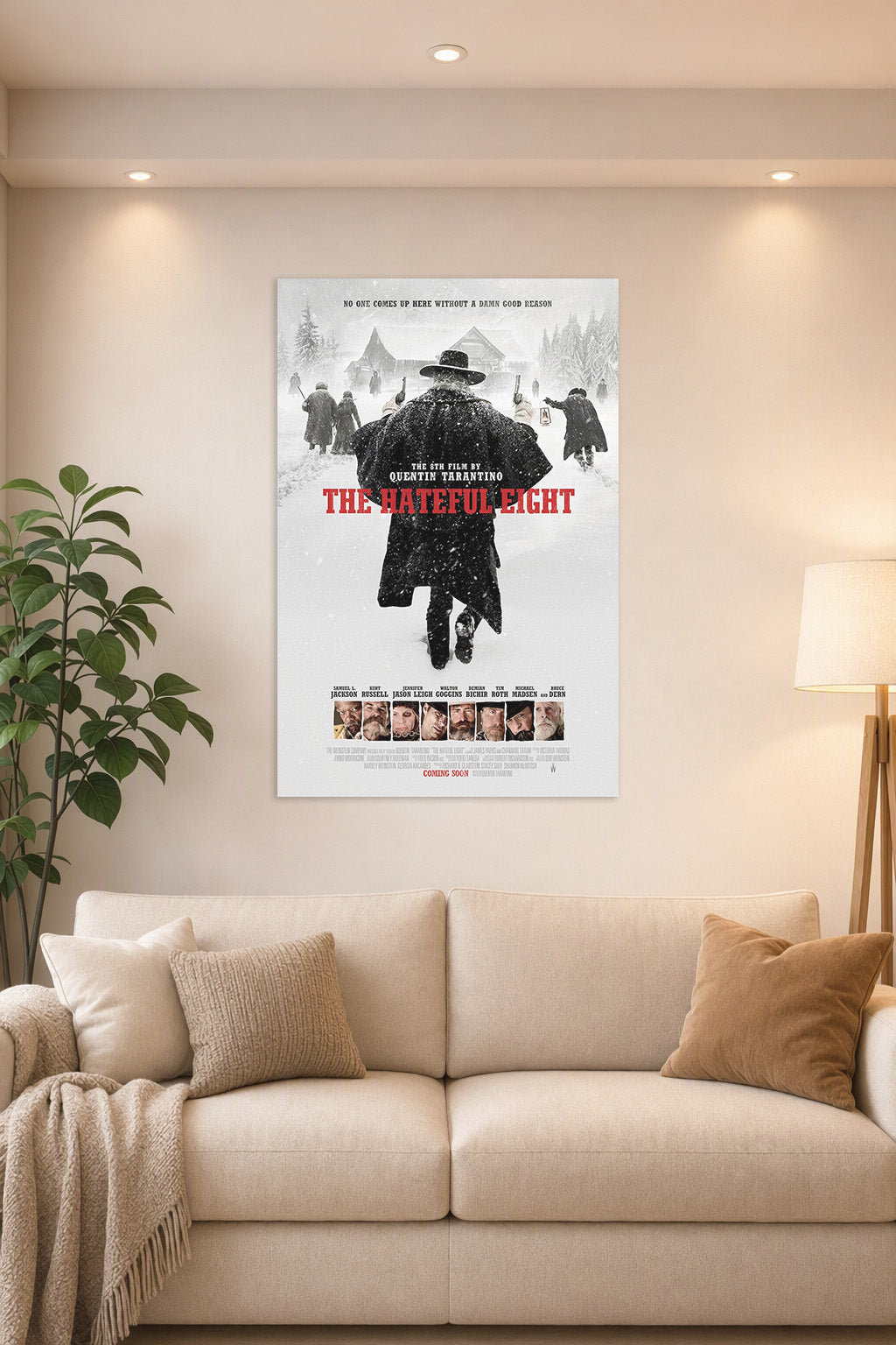 The Hateful Eight Movie in a bright living room above a beige sofa.