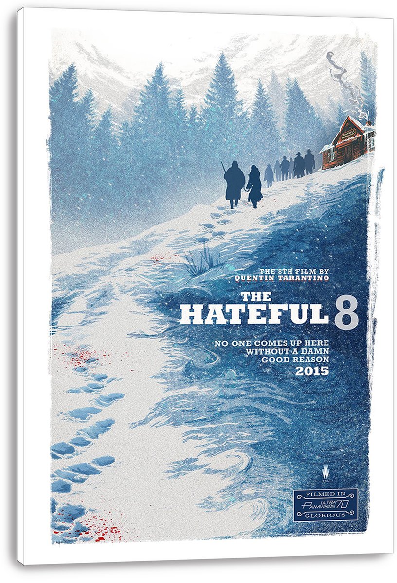 The Hateful Eight wall art print on a white canvas shows figures trekking through snow toward a smoking cabin beneath pine trees.