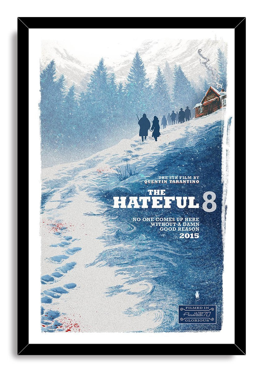 The Hateful Eight framed wall art print pairs a black frame with a blue snowy trail, dark travelers, red cabin, and title lettering.