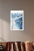 The Hateful Eight Movie Poster in a cozy movie room above a brown sofa with popcorn.