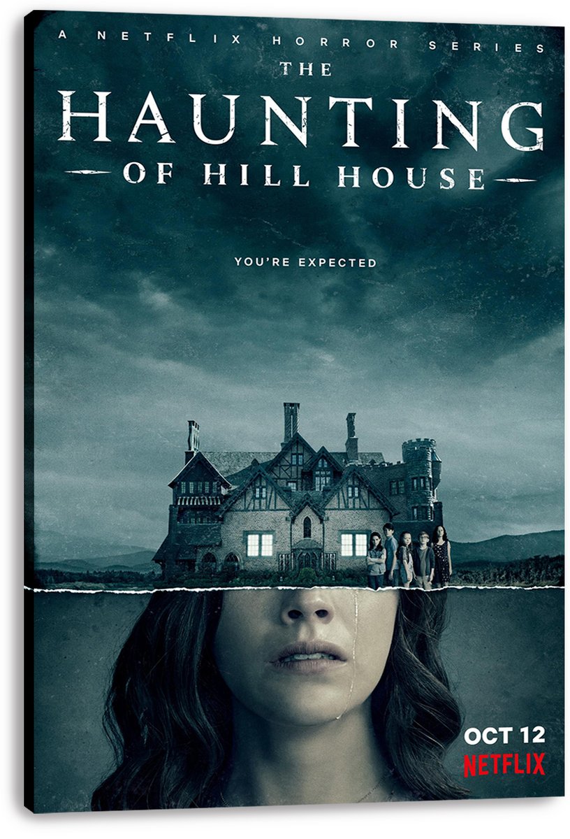 The Haunting of Hill House canvas wall art print depicts an ominous mansion, five figures, and a tearful woman's face in teal tones.