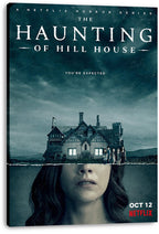 The Haunting of Hill House canvas wall art print depicts an ominous mansion, five figures, and a tearful woman's face in teal tones.