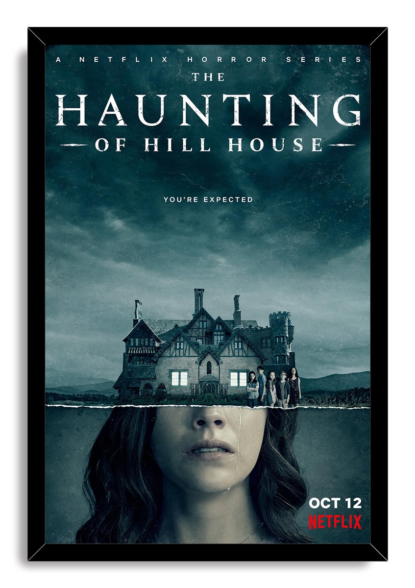 The Haunting of Hill House framed wall art print presents a stormy teal mansion scene above a woman's face, with five figures nearby.