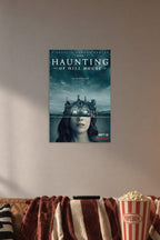 The Haunting of Hill House in a cozy movie room above a brown sofa with popcorn.