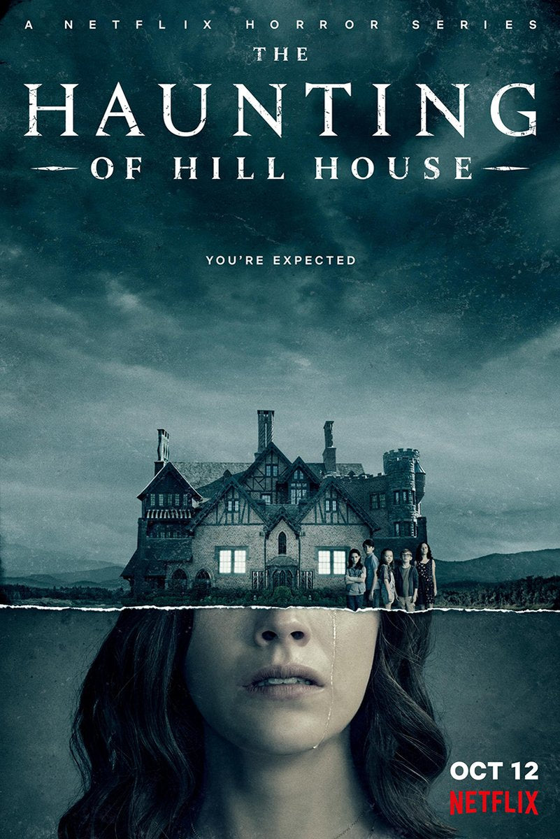 The Haunting of Hill House poster features a mansion and five figures above a woman's face beneath a stormy teal sky.
