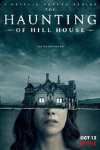 The Haunting of Hill House poster features a mansion and five figures above a woman's face beneath a stormy teal sky.
