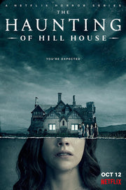 The Haunting of Hill House poster features a mansion and five figures above a woman's face beneath a stormy teal sky.
