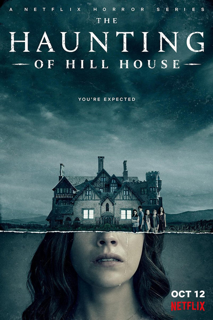 The Haunting of Hill House poster features a mansion and five figures above a woman's face beneath a stormy teal sky.