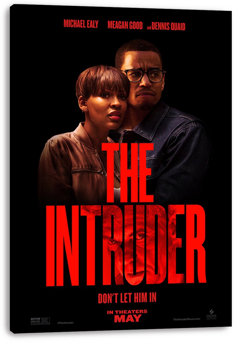 The Intruder canvas wall art print displaying a worried couple, red title typography, and a hidden face against black.