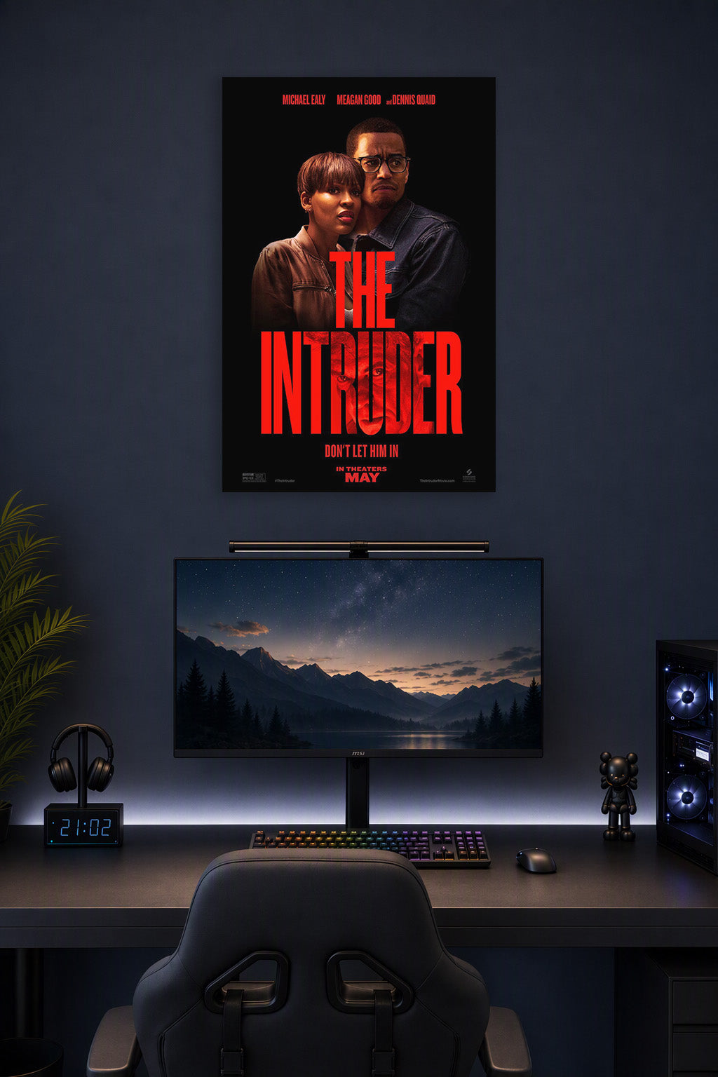The Intruder Movie Poster Michael Ealy Meagan Good Dennis Quaid in a gaming desk setup above a monitor.