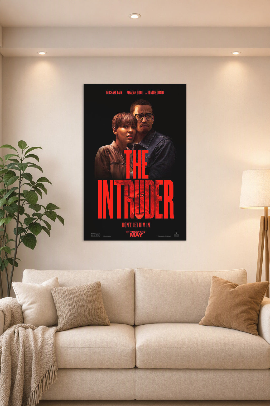 The Intruder Movie Poster Michael Ealy Meagan Good Dennis Quaid in a bright living room above a beige sofa.