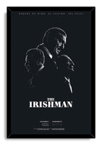 The Irishman framed wall art print displays three dramatic grayscale male profiles on a dark background within a black frame.