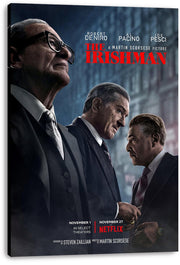 The Irishman canvas wall art print with three stern men in suits, red title lettering, and visible wrapped canvas edges.