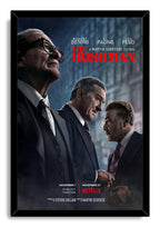 The Irishman framed wall art print featuring three men in dark suits, a blue-gray backdrop, red title text, and a black frame.