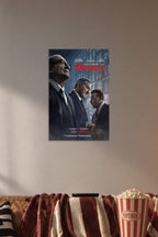 The Irishman Robert De Niro Al Pacino Joe Pesci Movie in a cozy movie room above a brown sofa with popcorn.