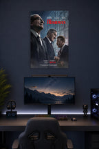 The Irishman Robert De Niro Al Pacino Joe Pesci Movie in a gaming desk setup above a monitor.