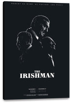 The Irishman canvas wall art print displays three monochrome suited men in profile, with cast names and white title text.