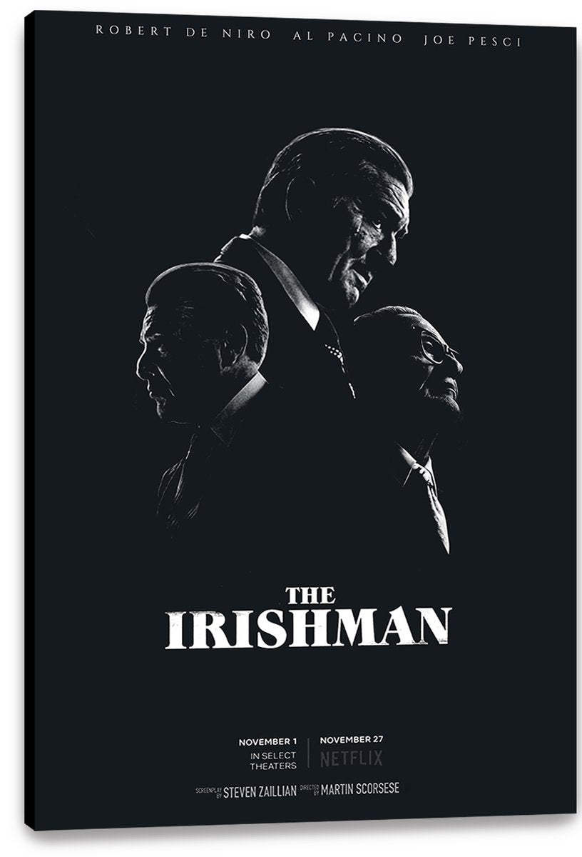 The Irishman canvas wall art print displays three monochrome suited men in profile, with cast names and white title text.