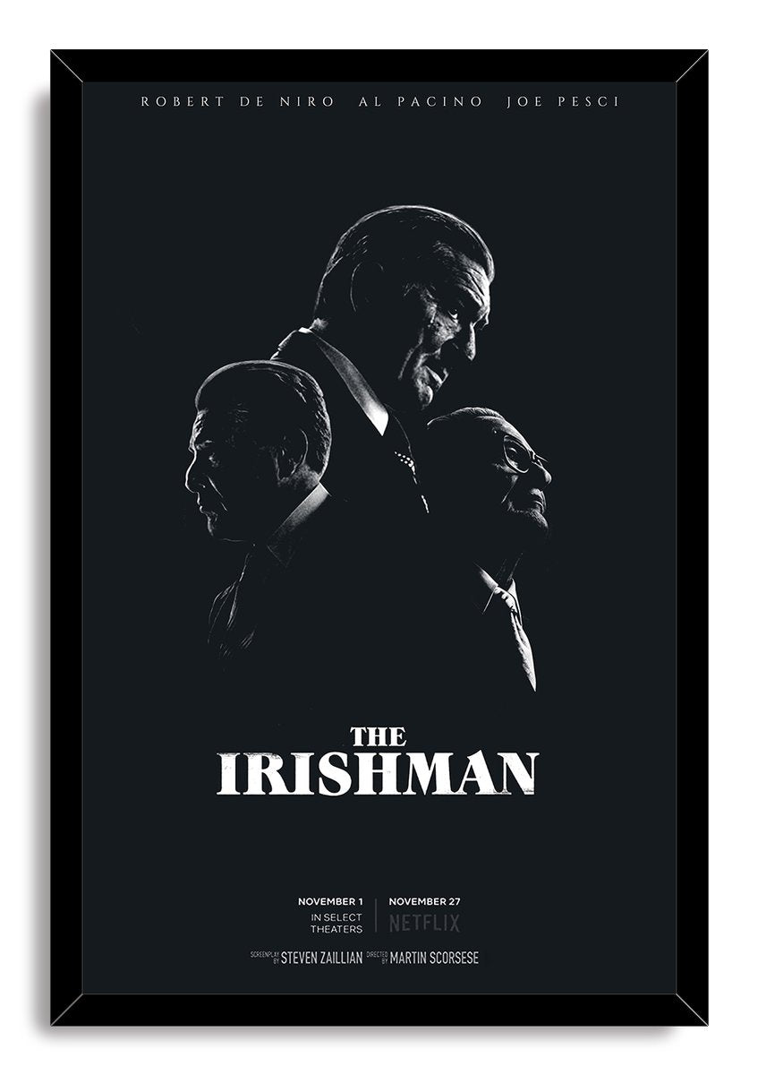 The Irishman framed wall art print presents three black-and-white male silhouettes in suits inside a glossy black frame.