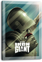 The Iron Giant canvas wall art print features the giant robot holding a boy in red, with bold white title text and teal rays.