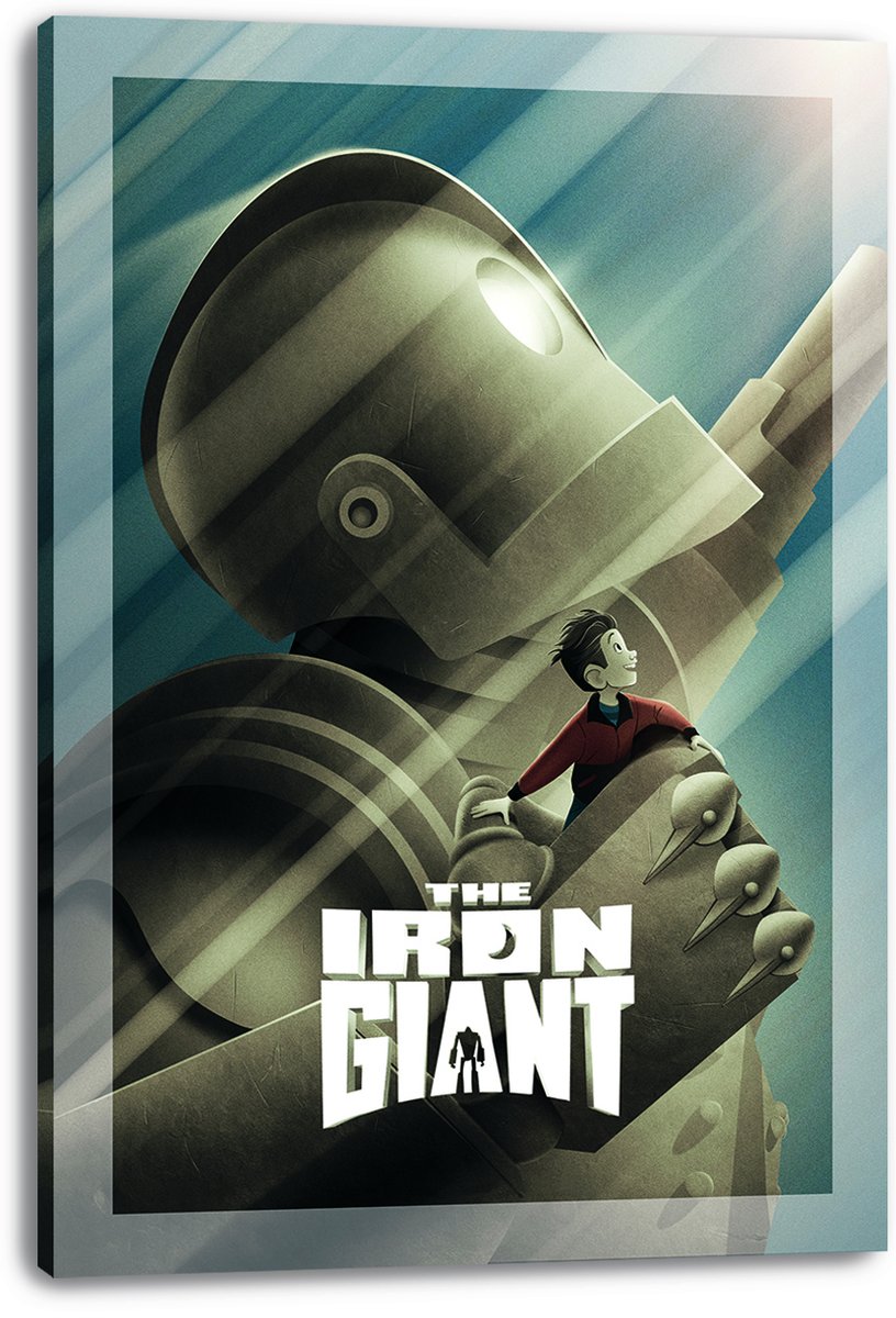 The Iron Giant canvas wall art print features the giant robot holding a boy in red, with bold white title text and teal rays.