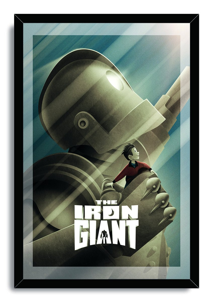 The Iron Giant framed wall art print portrays the gray robot and a boy in its hand beneath diagonal teal light beams.