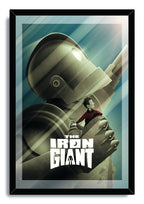 The Iron Giant framed wall art print portrays the gray robot and a boy in its hand beneath diagonal teal light beams.