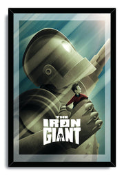 The Iron Giant framed wall art print portrays the gray robot and a boy in its hand beneath diagonal teal light beams.