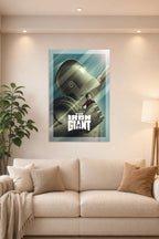 The Iron Giant Movie Poster in a bright living room above a beige sofa.